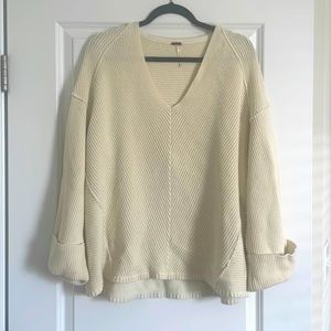 Free People Ribbed V-Neck Sweater in Cream, Size M